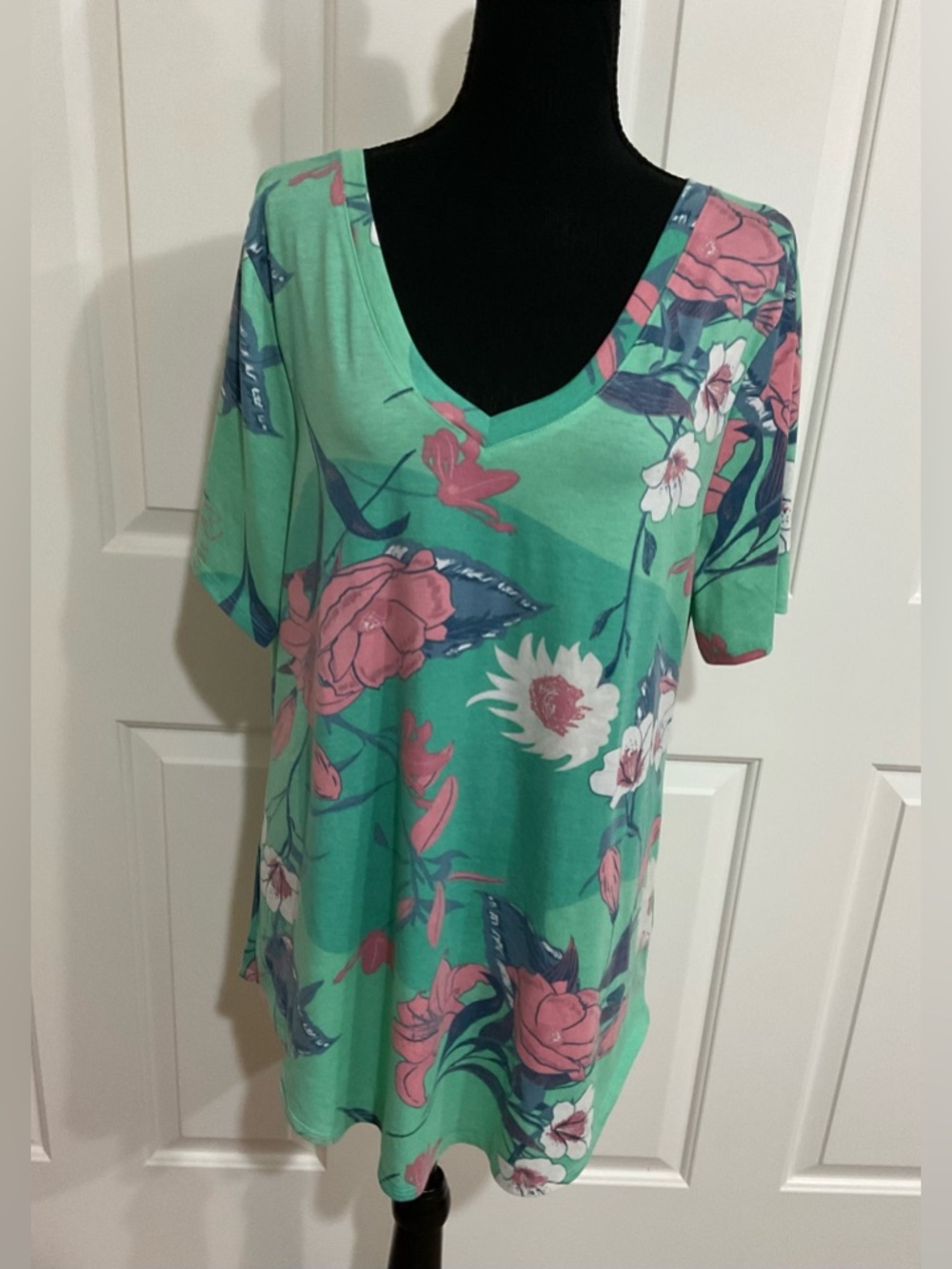LuLaRoe L Mint Floral V-Neck Christy T with Pink Blooms